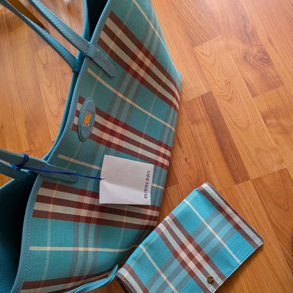 Burberry Light Blue Tote with Plaid Accent - Picture 3 of 11